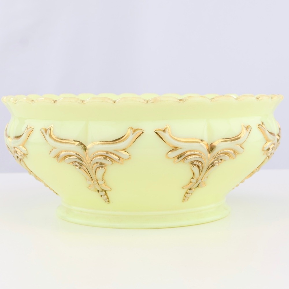 Vintage Heisey Winged Scroll Uranium Glass Bowl Gold Gilt Custard Glass 8"